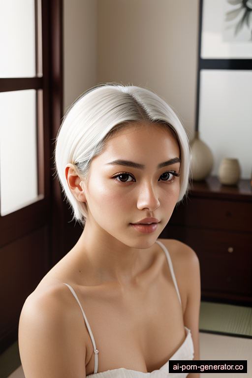 japanese athletic young-adult woman with small boobs and white hair of shoulder length, sitting in bedroom, wearing naked, with shaved pussy