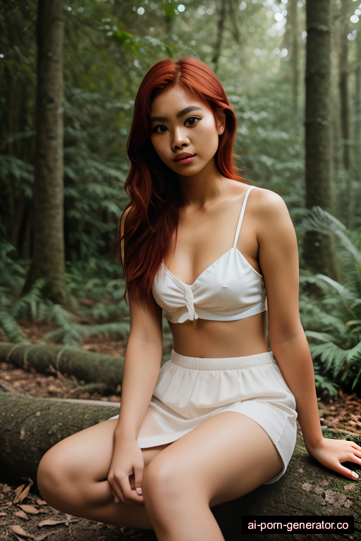 indonesian average built young-adult woman with small boobs and red hair of shoulder length, sitting in forest, wearing panties only, with shaved pussy