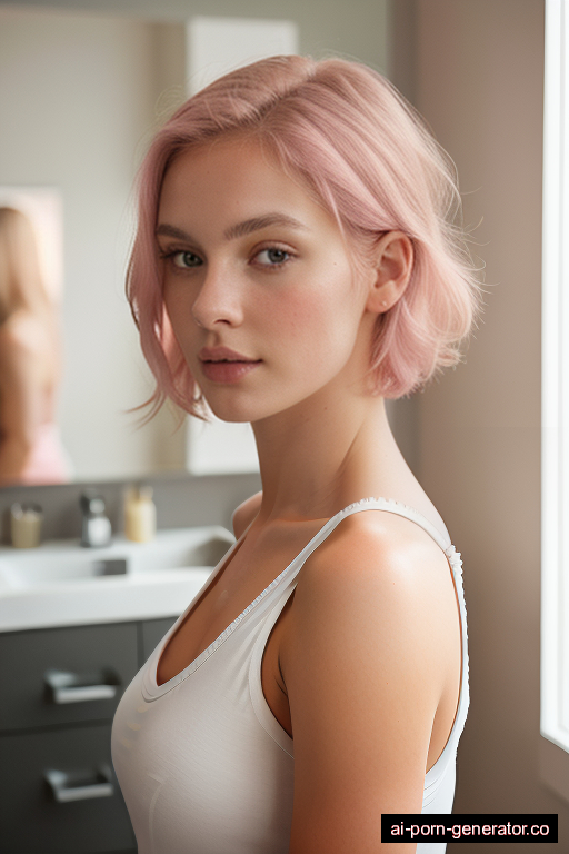 white athletic young-adult woman with medium boobs and pink hair of shoulder length, standing in changing room, wearing skirt, with shaved pussy