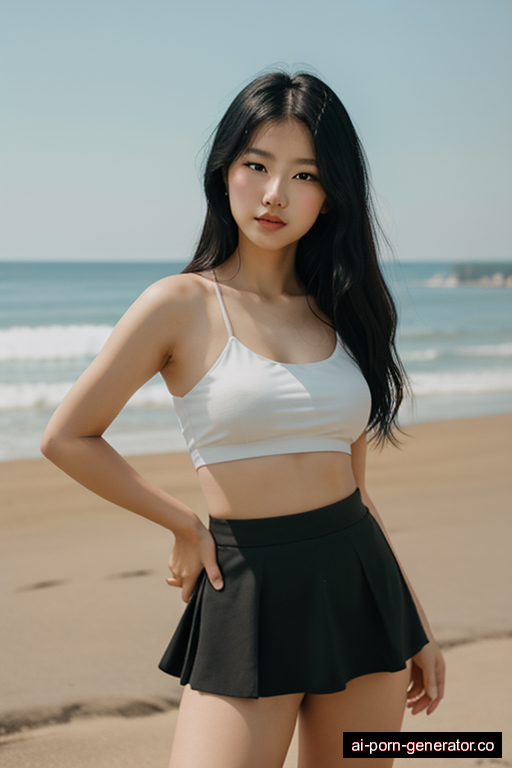 chinese athletic teen woman with medium boobs and black hair of shoulder length, bending over in beach, wearing skirt, with shaved pussy