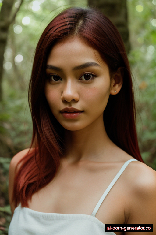 indonesian skinny young-adult woman with small boobs and red hair of shoulder length, standing in forest, wearing naked, with shaved pussy