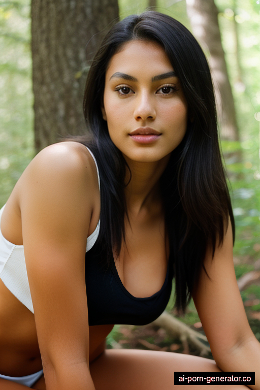 native american average built young-adult woman with medium boobs and dark hair of shoulder length, bending over in forest, wearing naked, with shaved pussy