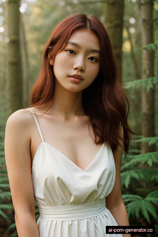 japanese average built teen woman with medium boobs and red hair of shoulder length, standing in forest, wearing dress, with shaved pussy