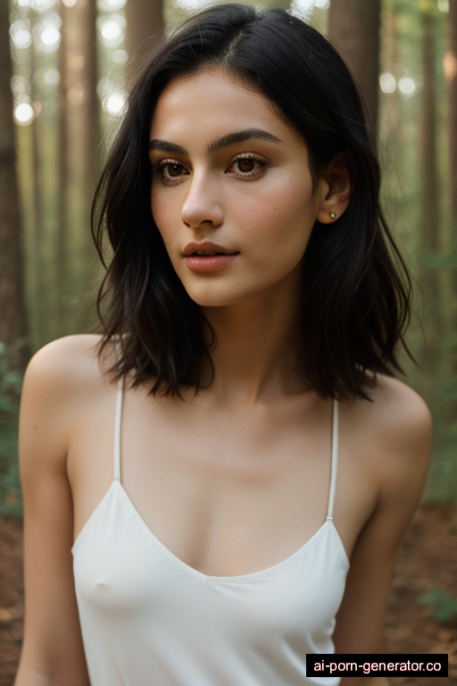 italian athletic young-adult woman with small boobs and dark hair of shoulder length, splitting legs in forest, wearing naked, with shaved pussy