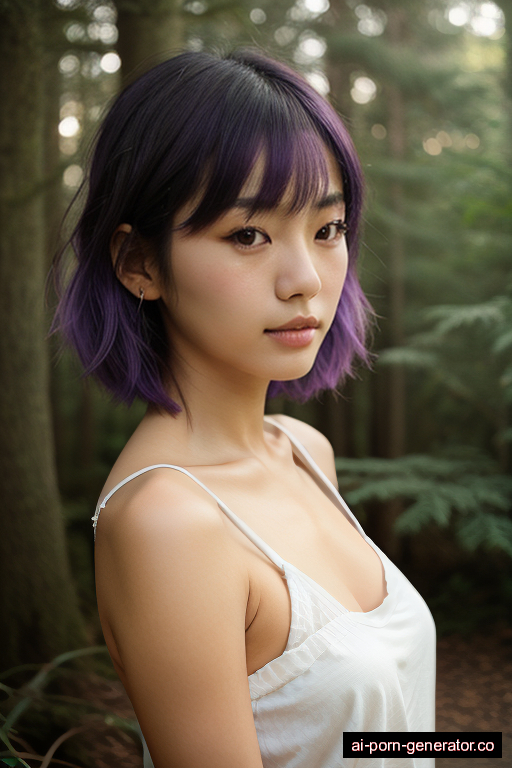 japanese skinny young-adult woman with small boobs and purple hair of shoulder length, bending over in forest, wearing naked, with shaved pussy