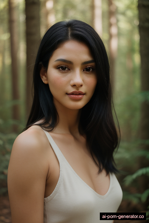 brazilian average built young-adult woman with medium boobs and black hair of shoulder length, standing in forest, wearing naked, with shaved pussy