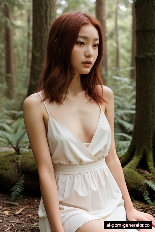 japanese skinny young-adult woman with medium boobs and red hair of shoulder length, bending over in forest, wearing dress, with shaved pussy