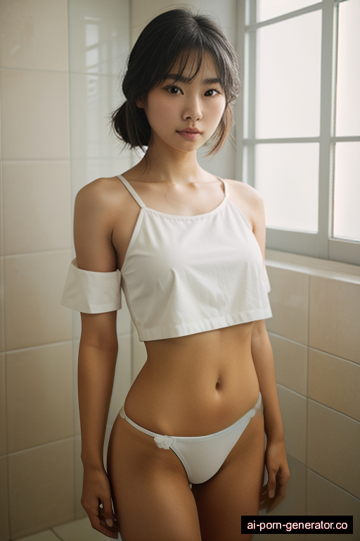 japanese average built young-adult woman with small boobs and blonde hair of shoulder length, standing in shower, wearing crop top, with shaved pussy