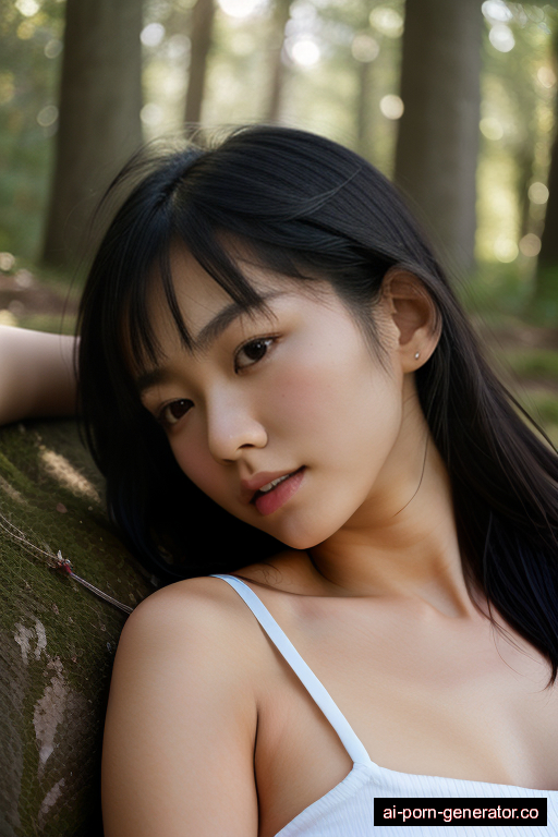 japanese average built young-adult woman with small boobs and dark hair of shoulder length, lying down in forest, wearing naked, with shaved pussy