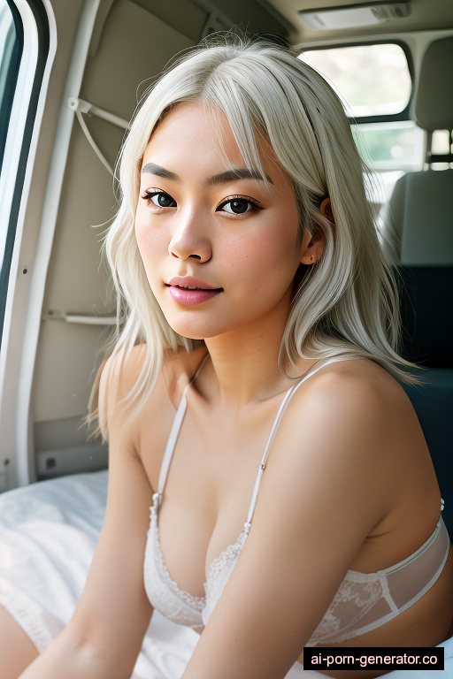 japanese average built adult woman with medium boobs and white hair of shoulder length, splitting legs in camper van, wearing lingerie, with shaved pussy