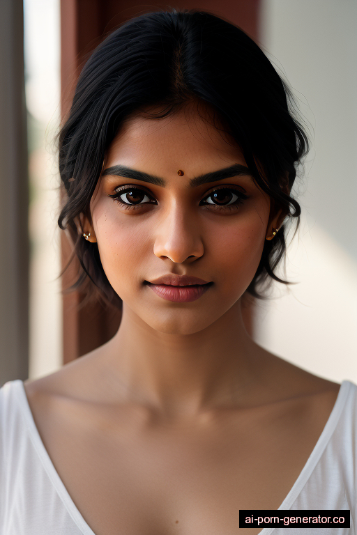 indian average built young-adult woman with medium boobs and dark hair of shoulder length, standing in classroom, wearing naked, with shaved pussy