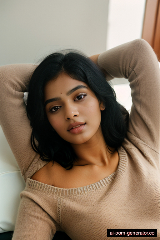 indian athletic young-adult woman with small boobs and black hair of shoulder length, lying down in office, wearing sweater, with shaved pussy