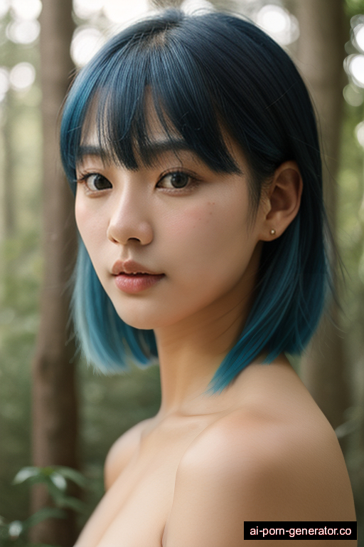 korean average built young-adult woman with small boobs and blue hair of shoulder length, bending over in forest, wearing naked, with shaved pussy