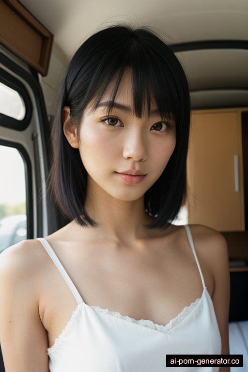 japanese skinny young-adult woman with medium boobs and black hair of shoulder length, splitting legs in camper van, wearing naked, with shaved pussy