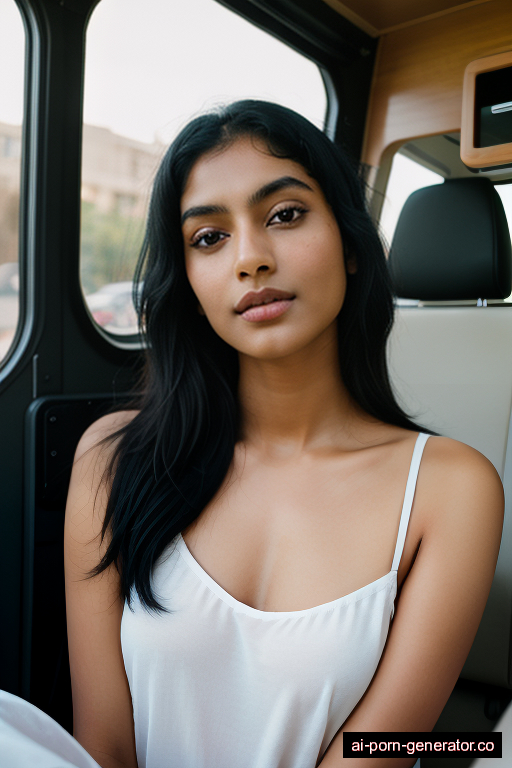 indian average built young-adult woman with small boobs and black hair of shoulder length, lying down in camper van, wearing naked, with shaved pussy