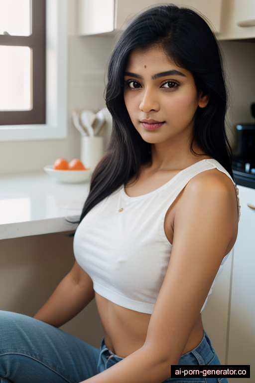 indian average built adult woman with medium boobs and black hair of shoulder length, sitting in kitchen, wearing t-shirt, with shaved pussy