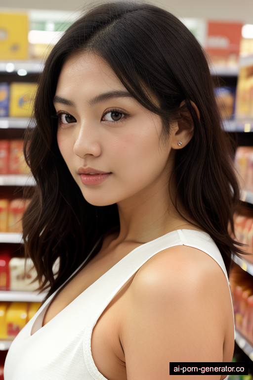 japanese curvy old woman with large boobs and dark hair of shoulder length, splitting legs in supermarket, wearing naked, with trimmed pussy