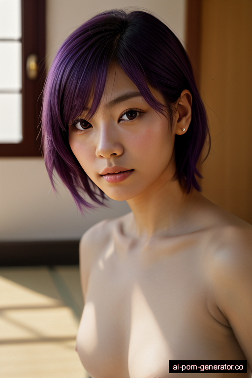 japanese average built young-adult woman with small boobs and purple hair of shoulder length, lying down in bedroom, wearing naked, with shaved pussy