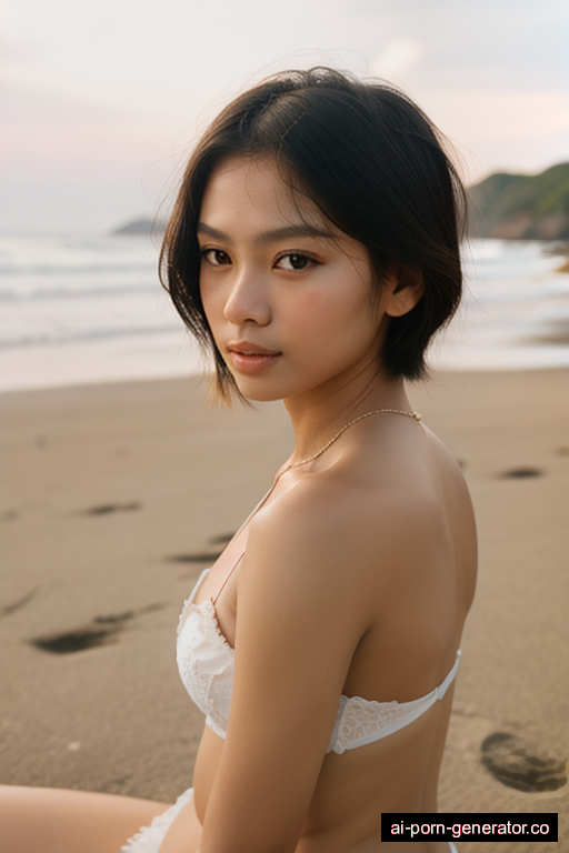 filipino skinny young-adult woman with medium boobs and blonde hair of shoulder length, sitting in beach, wearing naked, with shaved pussy