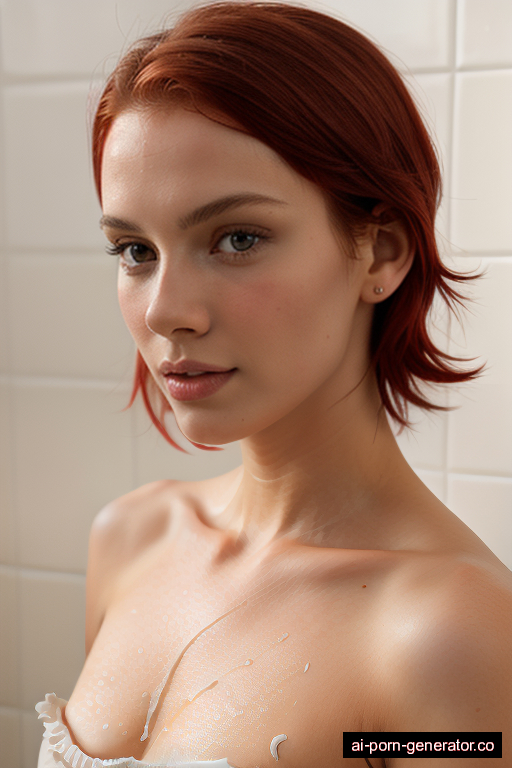 white skinny young-adult woman with small boobs and red hair of shoulder length, splitting legs in shower, wearing naked, with shaved pussy