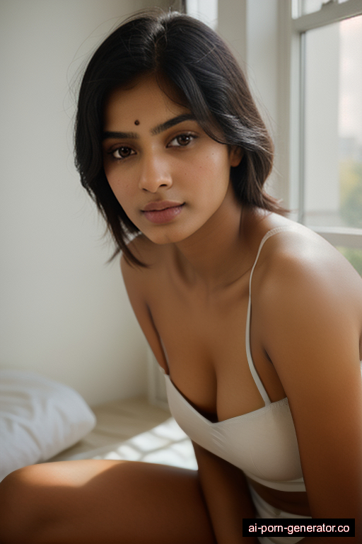 indian average built young-adult woman with small boobs and dark hair of shoulder length, sitting in hospital, wearing naked, with shaved pussy