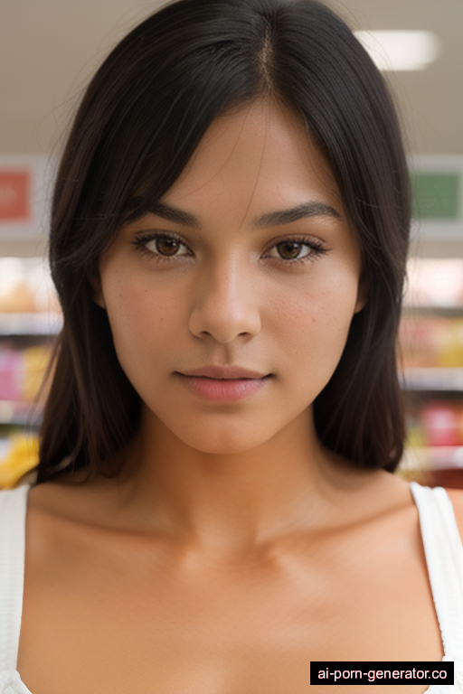 native american athletic young-adult woman with small boobs and dark hair of shoulder length, bending over in supermarket, wearing naked, with shaved pussy