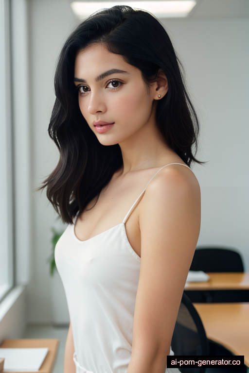 white skinny young-adult woman with small boobs and black hair of shoulder length, standing in office, wearing bra only, with shaved pussy