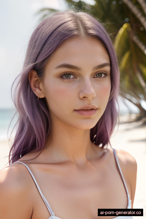 scandinavian skinny young-adult woman with small boobs and purple hair of shoulder length, splitting legs in beach, wearing naked, with shaved pussy