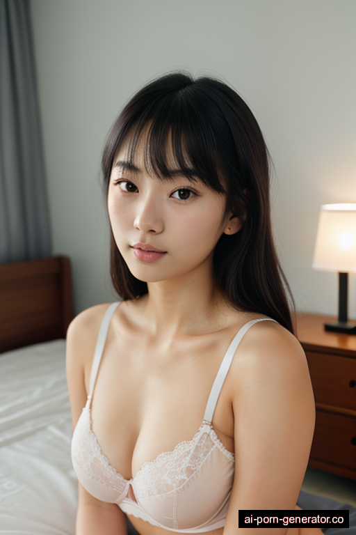 japanese athletic teen woman with medium boobs and dark hair of shoulder length, sitting in bedroom, wearing lingerie, with shaved pussy