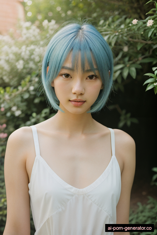 japanese athletic young-adult woman with small boobs and blue hair of shoulder length, standing in garden, wearing naked, with shaved pussy