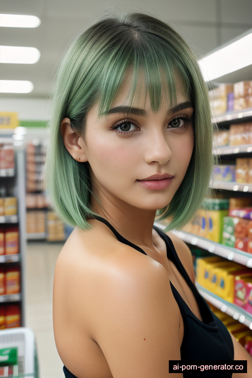 brazilian average built young-adult woman with small boobs and green hair of shoulder length, sitting in supermarket, wearing naked, with shaved pussy