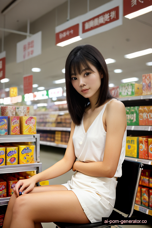 chinese skinny young-adult woman with small boobs and dark hair of shoulder length, sitting in supermarket, wearing naked, with shaved pussy