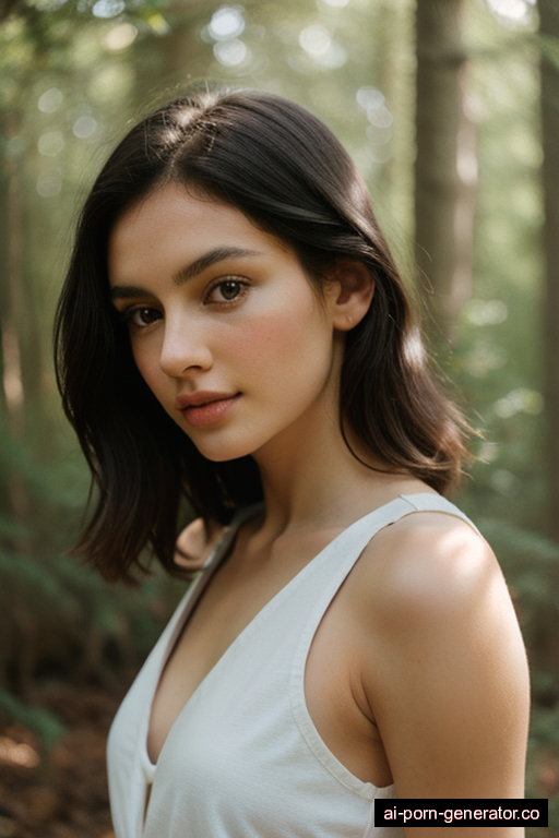 white athletic young-adult woman with small boobs and dark hair of shoulder length, splitting legs in forest, wearing lingerie, with shaved pussy