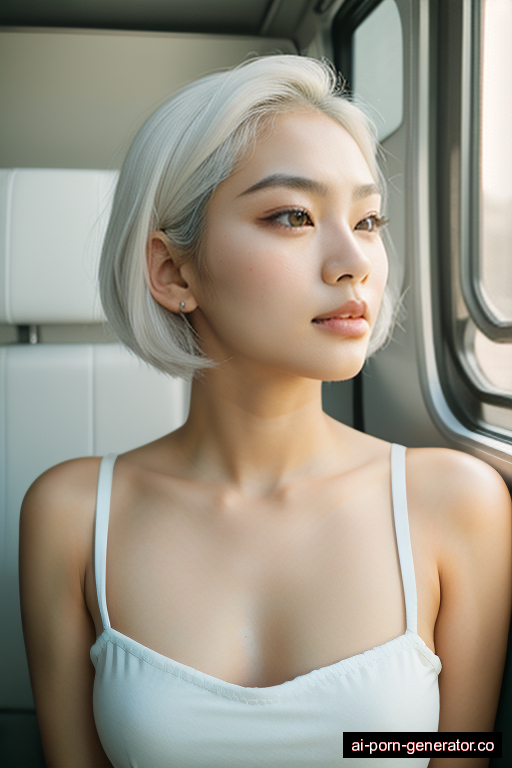 korean average built young-adult woman with small boobs and white hair of shoulder length, lying down in camper van, wearing naked, with shaved pussy