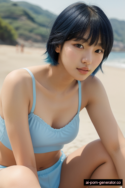 korean athletic young-adult woman with small boobs and blue hair of shoulder length, bending over in beach, wearing panties only, with shaved pussy