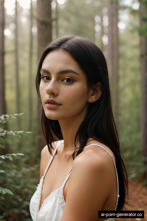 scandinavian skinny young-adult woman with medium boobs and dark hair of shoulder length, sitting in forest, wearing naked, with shaved pussy