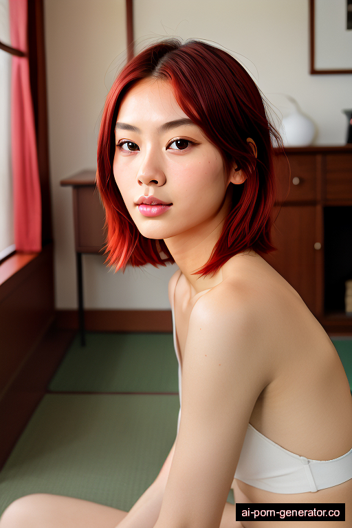 japanese average built young-adult woman with medium boobs and red hair of shoulder length, sitting in bedroom, wearing naked, with shaved pussy