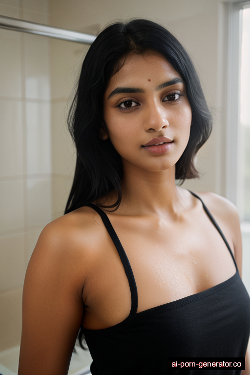 indian athletic young-adult woman with small boobs and black hair of shoulder length, bending over in shower, wearing t-shirt, with shaved pussy