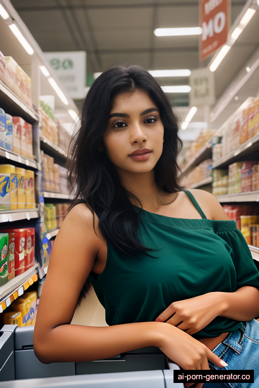 indian athletic young-adult woman with medium boobs and black hair of shoulder length, lying down in supermarket, wearing naked, with shaved pussy