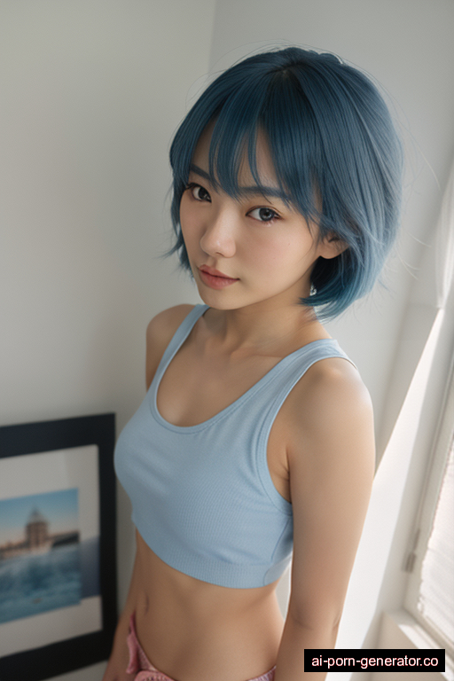 japanese average built young-adult woman with small boobs and blue hair of shoulder length, standing in classroom, wearing shorts, with shaved pussy