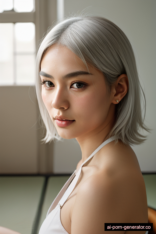 japanese athletic young-adult woman with medium boobs and white hair of shoulder length, sitting in sauna, wearing harness, with shaved pussy