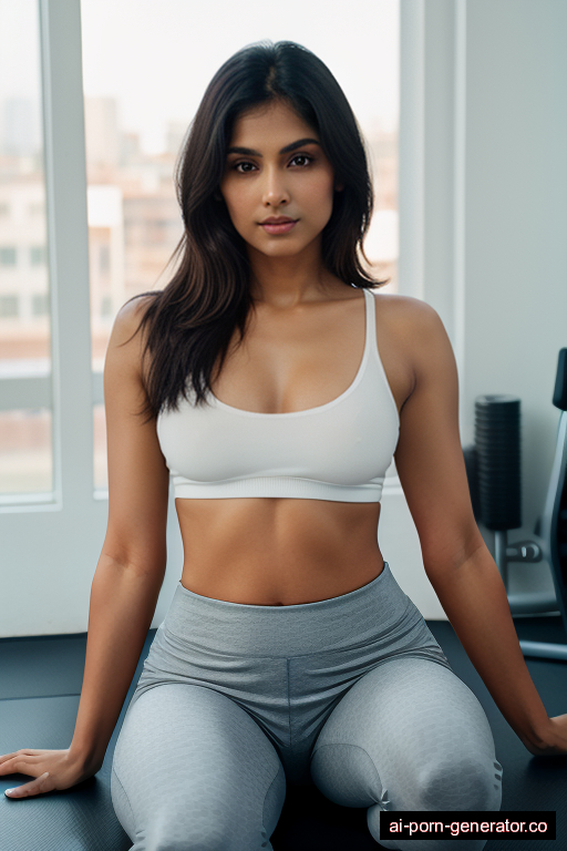 indian athletic adult woman with small boobs and dark hair of shoulder length, sitting in gym, wearing yoga pants, with shaved pussy