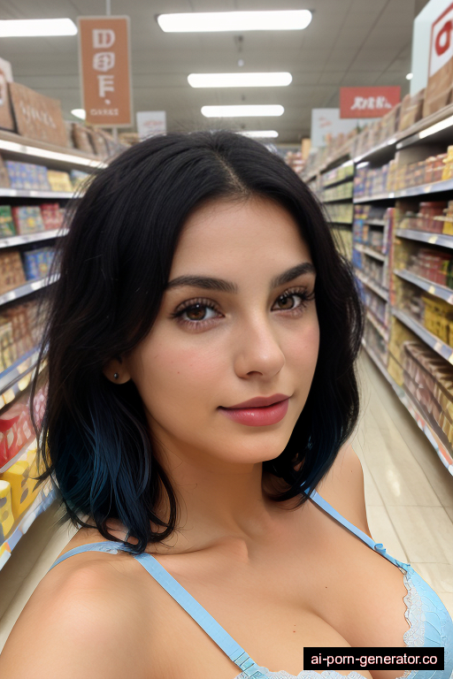 italian athletic adult woman with small boobs and blue hair of shoulder length, lying down in supermarket, wearing lingerie, with shaved pussy