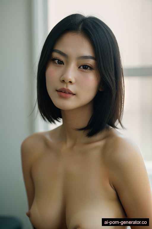 chinese average built young-adult woman with small boobs and dark hair of shoulder length, splitting legs in classroom, wearing naked, with shaved pussy