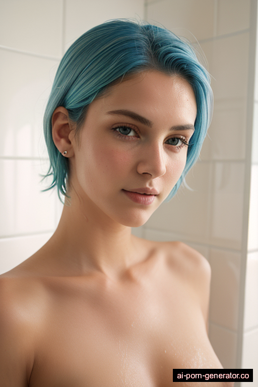 white average built young-adult woman with small boobs and blue hair of shoulder length, standing in shower, wearing naked, with shaved pussy