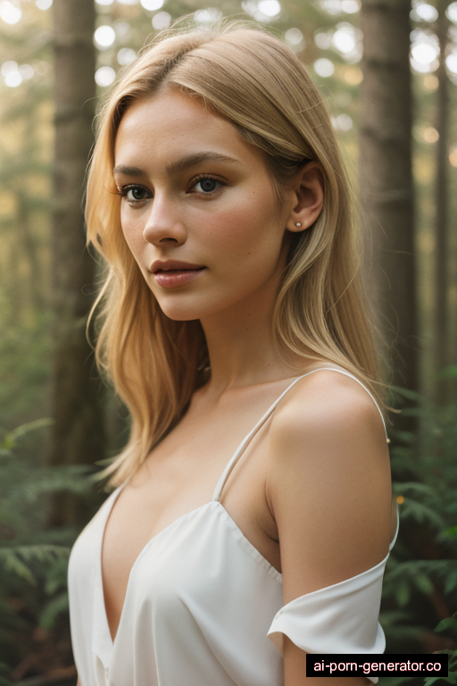 scandinavian skinny adult woman with medium boobs and blonde hair of shoulder length, standing in forest, wearing dress, with shaved pussy