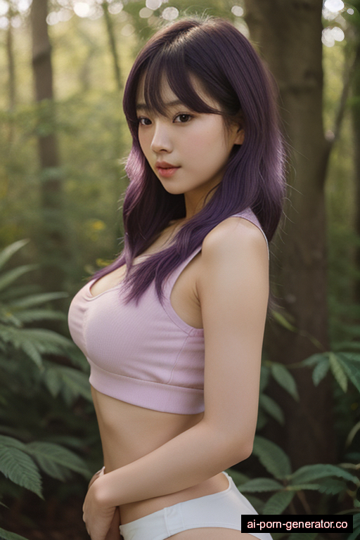 korean skinny teen woman with small boobs and purple hair of shoulder length, bending over in forest, wearing crop top, with shaved pussy