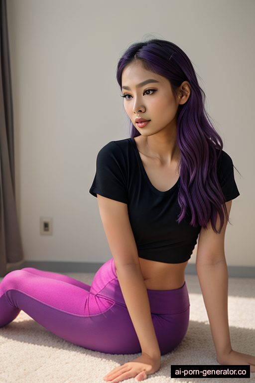 south-east asian athletic young-adult woman with small boobs and purple hair of shoulder length, sitting in classroom, wearing yoga pants, with shaved pussy