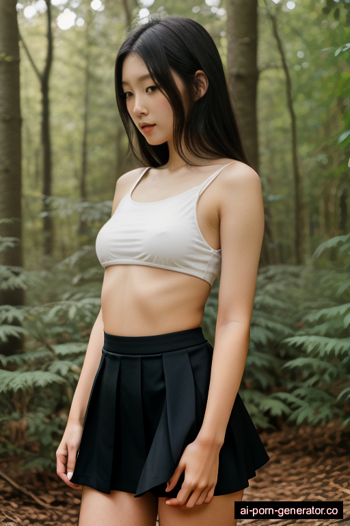 japanese skinny teen woman with small boobs and dark hair of shoulder length, bending over in forest, wearing skirt, with shaved pussy