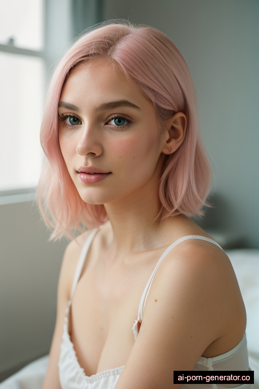 white average built young-adult woman with small boobs and pink hair of shoulder length, sitting in hospital, wearing panties only, with shaved pussy